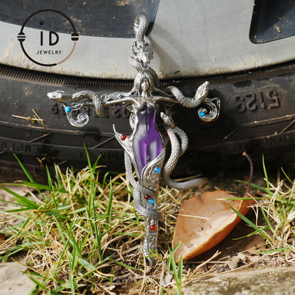 Gothic Snake Pendant in 925 Sterling Silver with Amethyst and Glass Accents, Mystical Totem Necklace Gift for Her or Him