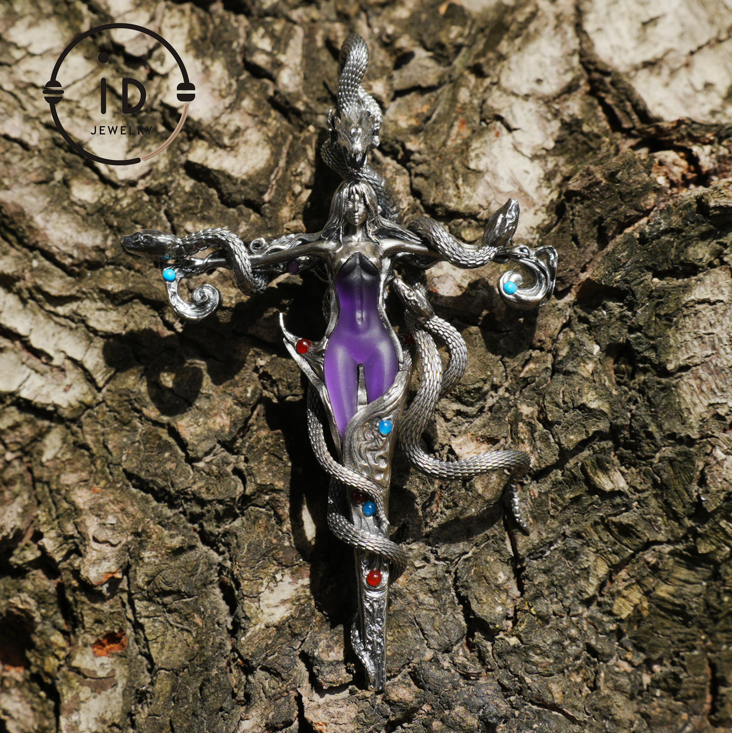 Gothic Snake Pendant in 925 Sterling Silver with Amethyst and Glass Accents, Mystical Totem Necklace Gift for Her or Him