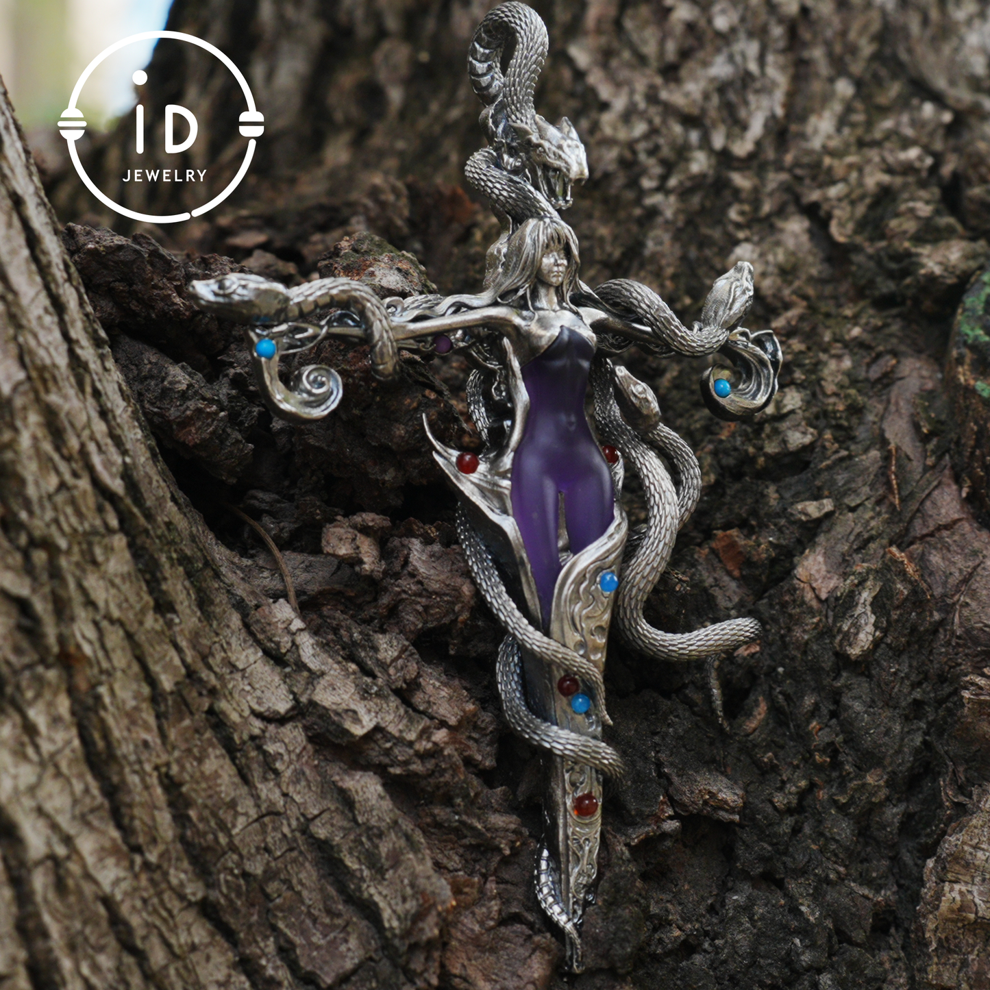 Gothic Snake Pendant in 925 Sterling Silver with Amethyst and Glass Accents, Mystical Totem Necklace Gift for Her or Him