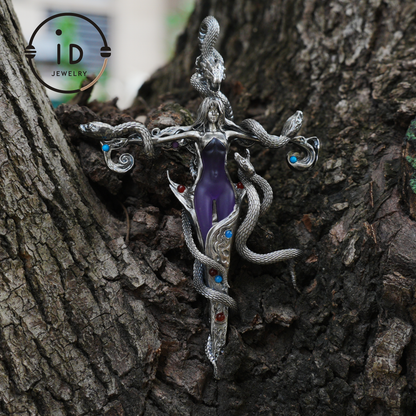 Gothic Snake Pendant in 925 Sterling Silver with Amethyst and Glass Accents, Mystical Totem Necklace Gift for Her or Him