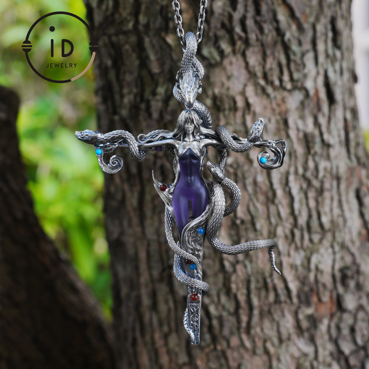 Gothic Snake Pendant in 925 Sterling Silver with Amethyst and Glass Accents, Mystical Totem Necklace Gift for Her or Him