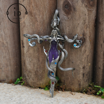 Gothic Snake Pendant in 925 Sterling Silver with Amethyst and Glass Accents, Mystical Totem Necklace Gift for Her or Him