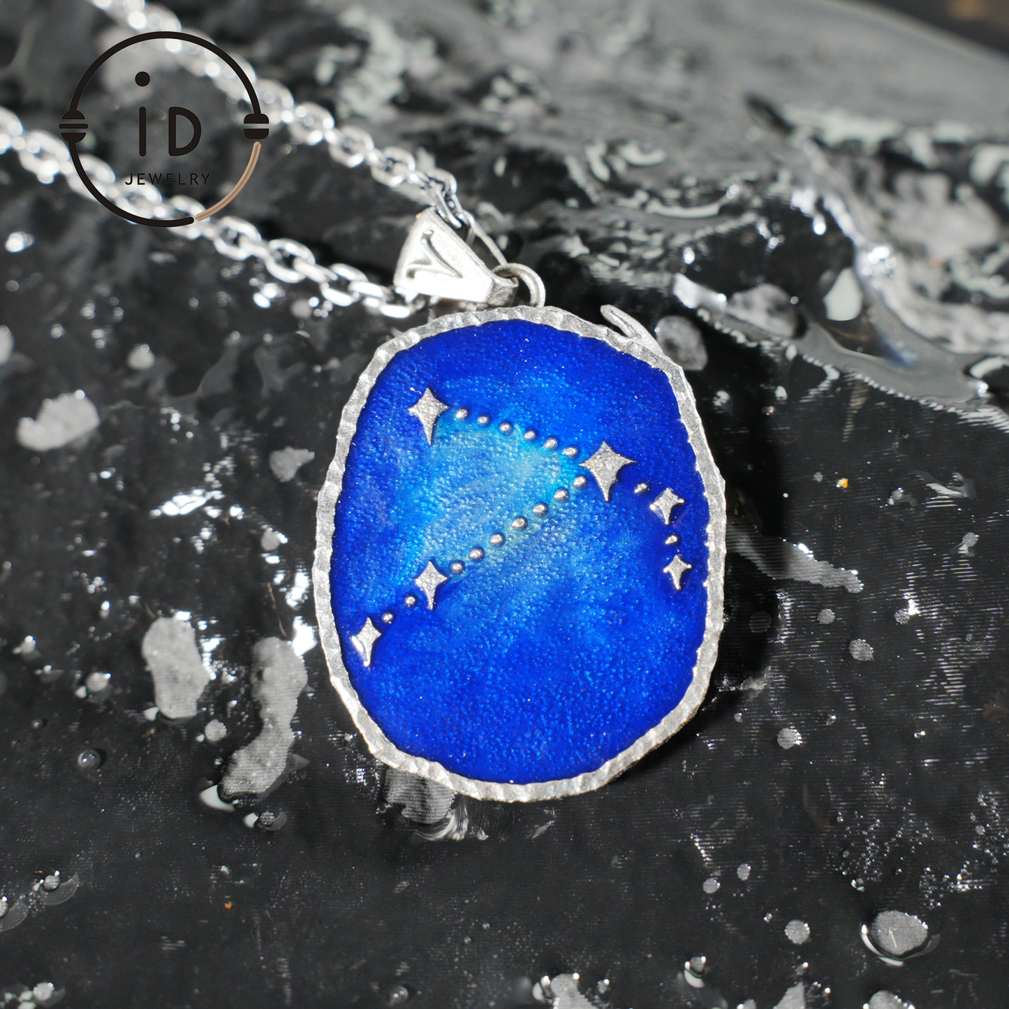 Aries Medallion Pendant | Irregular “Meteorite” Frame | Blue Enamel Starry Sheen | Orange Zirconia Center | Handmade Silver Jewelry
