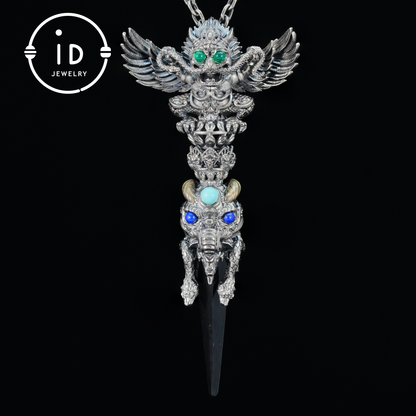 Totem pendant in 925 silver with turquoise and onyx · Spiritual gothic tribal jewelry in symbolic style · Gift for men or artists