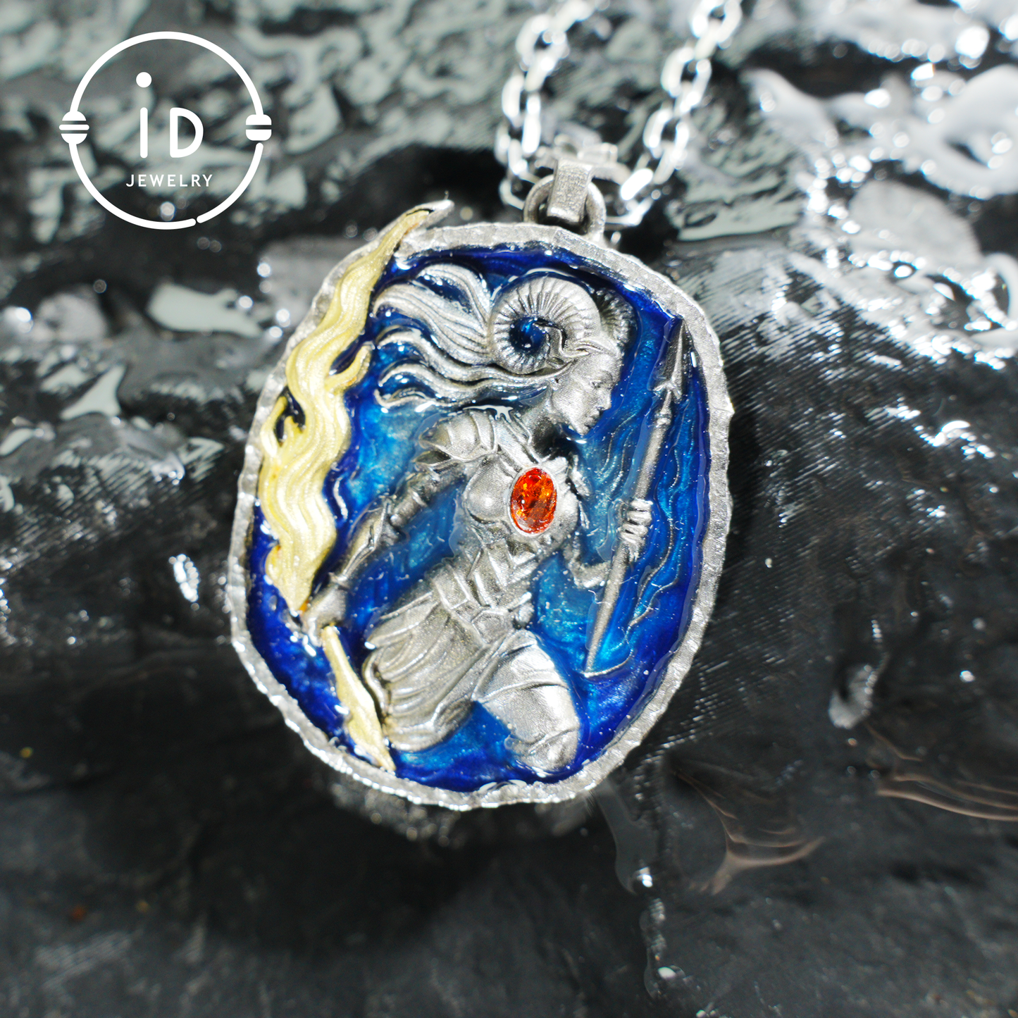 Aries Medallion Pendant | Irregular “Meteorite” Frame | Blue Enamel Starry Sheen | Orange Zirconia Center | Handmade Silver Jewelry