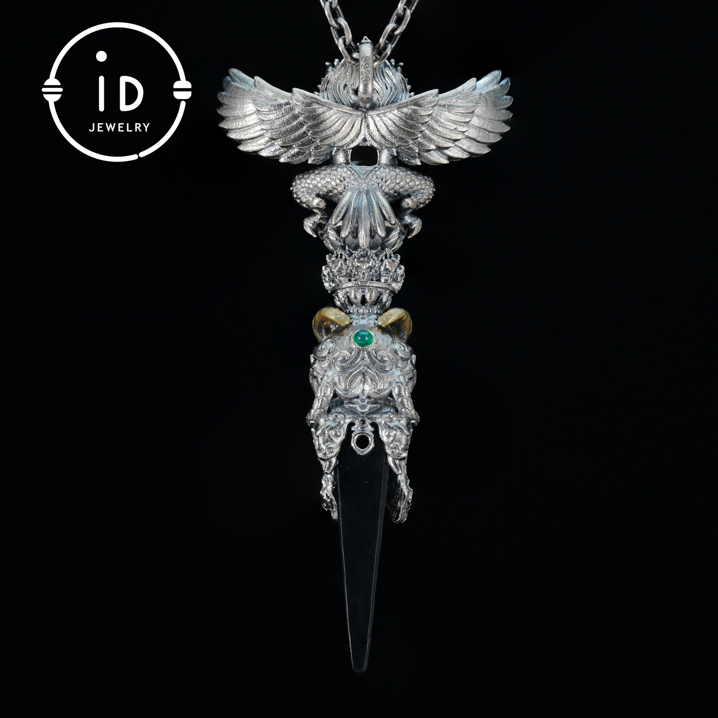 Totem pendant in 925 silver with turquoise and onyx · Spiritual gothic tribal jewelry in symbolic style · Gift for men or artists