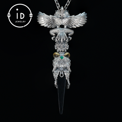 Totem pendant in 925 silver with turquoise and onyx · Spiritual gothic tribal jewelry in symbolic style · Gift for men or artists