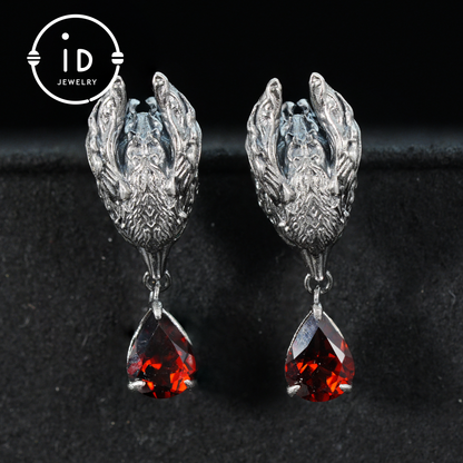 Fox Jewelry Set in Oxidized 925 Silver with Red Garnet – Gothic Earrings & Ring – Mystical Animal Jewelry in Fantasy Style Gift