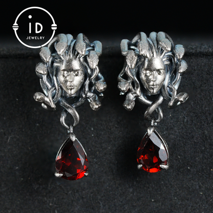 Medusa Earrings with Garnet Drop in Oxidized 925 Sterling Silver, Gothic Vintage Jewelry for Women, Christmas Gift Idea
