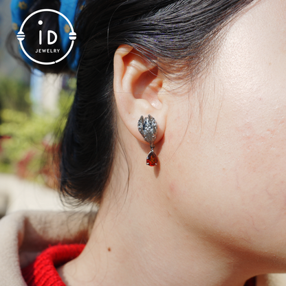 Fox Jewelry Set in Oxidized 925 Silver with Red Garnet – Gothic Earrings & Ring – Mystical Animal Jewelry in Fantasy Style Gift