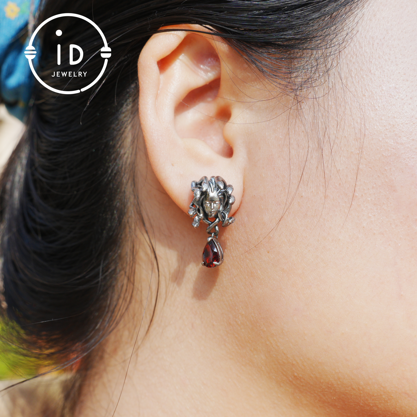Medusa Earrings with Garnet Drop in Oxidized 925 Sterling Silver, Gothic Vintage Jewelry for Women, Christmas Gift Idea
