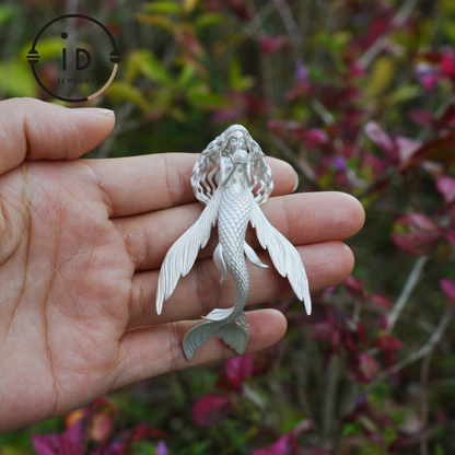 925 Sterling Silver Mermaid Pearl Pendant Necklace Hand-Carved Ocean Fantasy Jewelry |Protection Talisman & Symbol of Love Unique Gift Idea