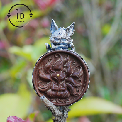 Fox Pendant in Sterling Silver and Carved Agarwood in Totem Witchcore Style – Spiritual Necklace, Birthday Gift for Her, Handmade Amulet