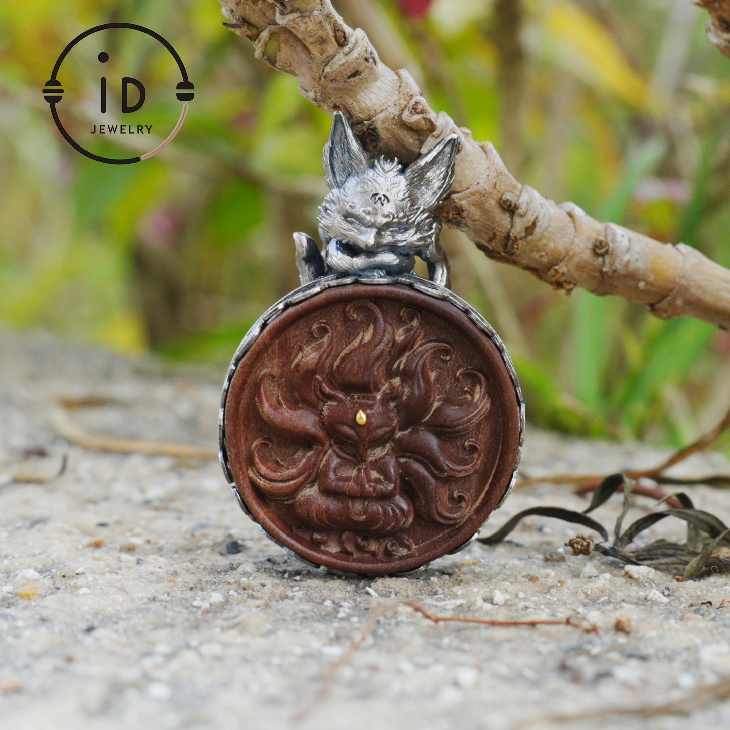 Fox Pendant in Sterling Silver and Carved Agarwood in Totem Witchcore Style – Spiritual Necklace, Birthday Gift for Her, Handmade Amulet
