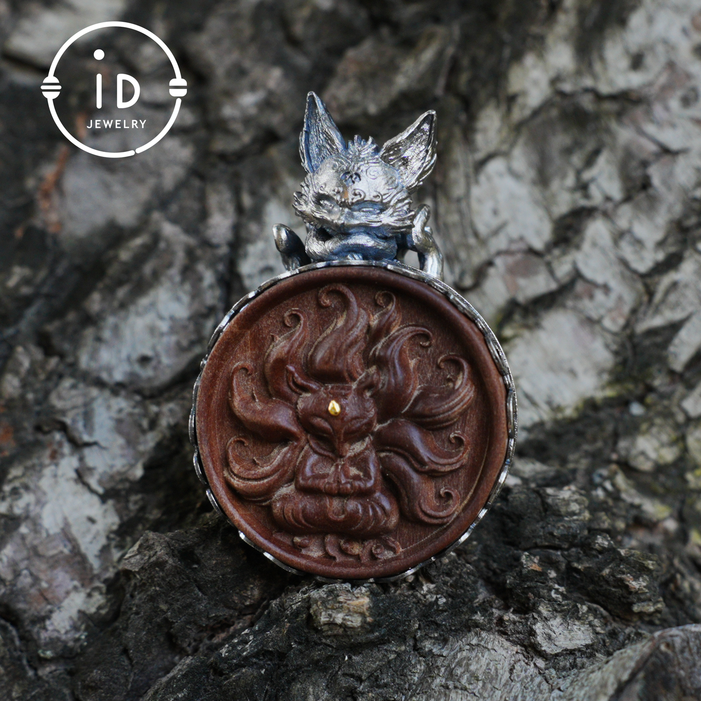Fox Pendant in Sterling Silver and Carved Agarwood in Totem Witchcore Style – Spiritual Necklace, Birthday Gift for Her, Handmade Amulet