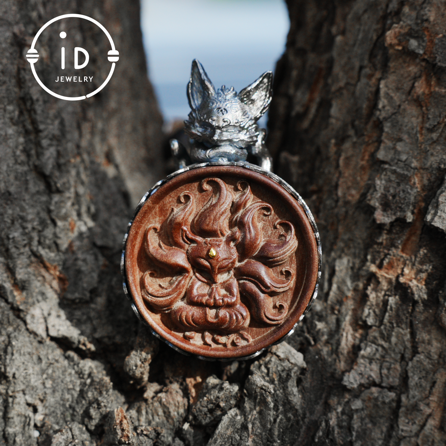 Fox Pendant in Sterling Silver and Carved Agarwood in Totem Witchcore Style – Spiritual Necklace, Birthday Gift for Her, Handmade Amulet