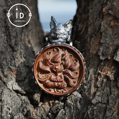 Fox Pendant in Sterling Silver and Carved Agarwood in Totem Witchcore Style – Spiritual Necklace, Birthday Gift for Her, Handmade Amulet