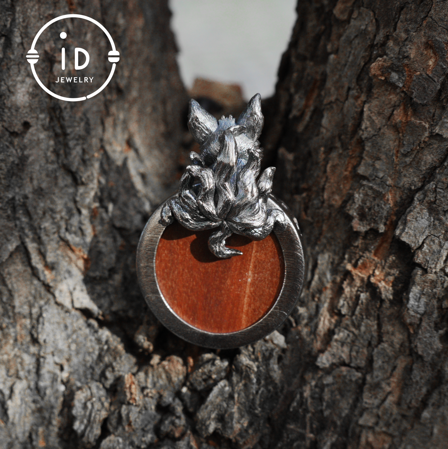 Fox Pendant in Sterling Silver and Carved Agarwood in Totem Witchcore Style – Spiritual Necklace, Birthday Gift for Her, Handmade Amulet