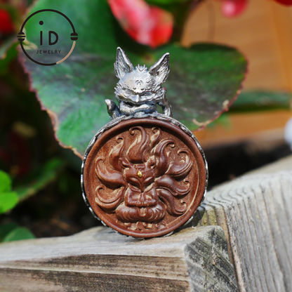 Fox Pendant in Sterling Silver and Carved Agarwood in Totem Witchcore Style – Spiritual Necklace, Birthday Gift for Her, Handmade Amulet