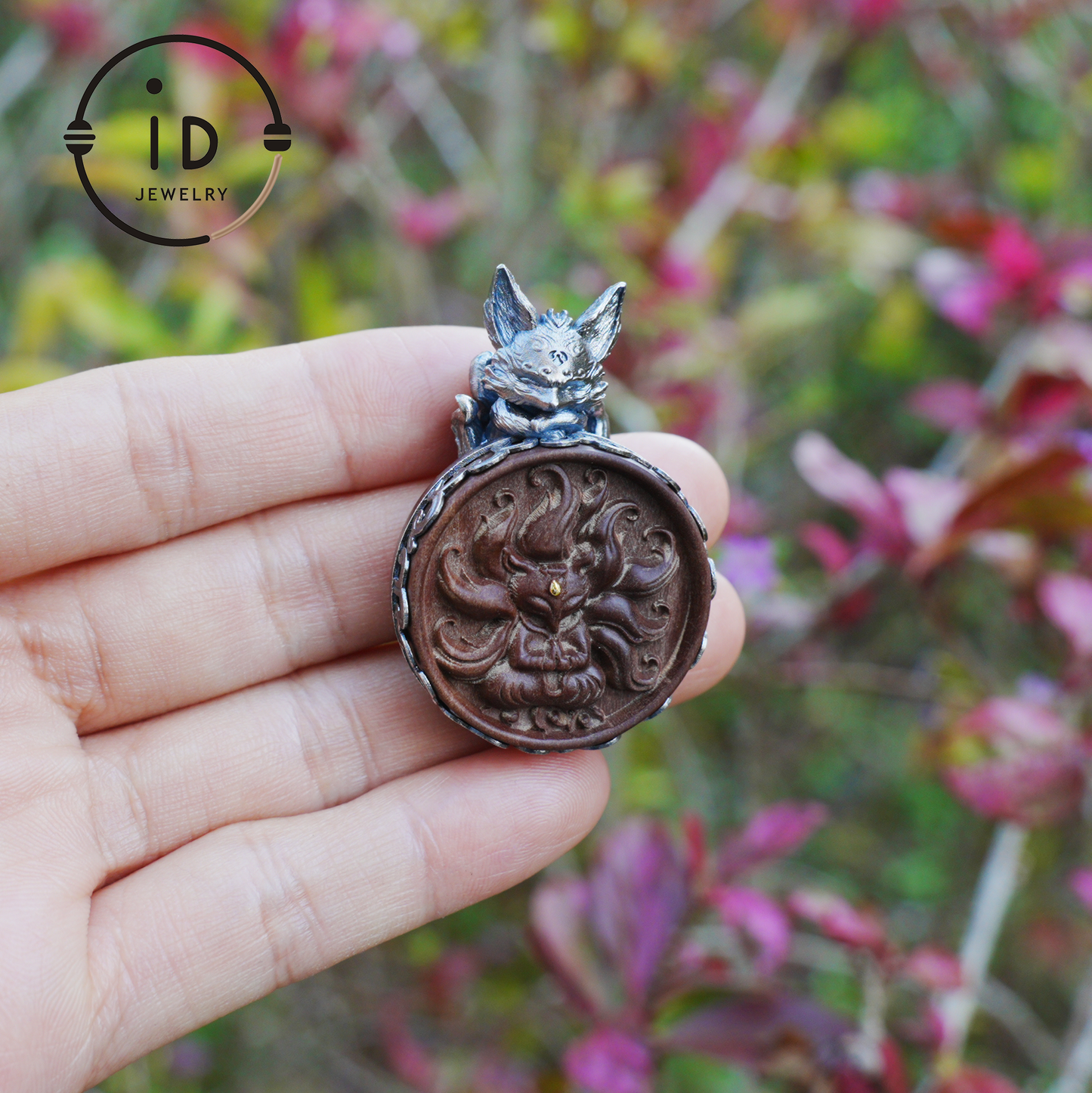 Fox Pendant in Sterling Silver and Carved Agarwood in Totem Witchcore Style – Spiritual Necklace, Birthday Gift for Her, Handmade Amulet