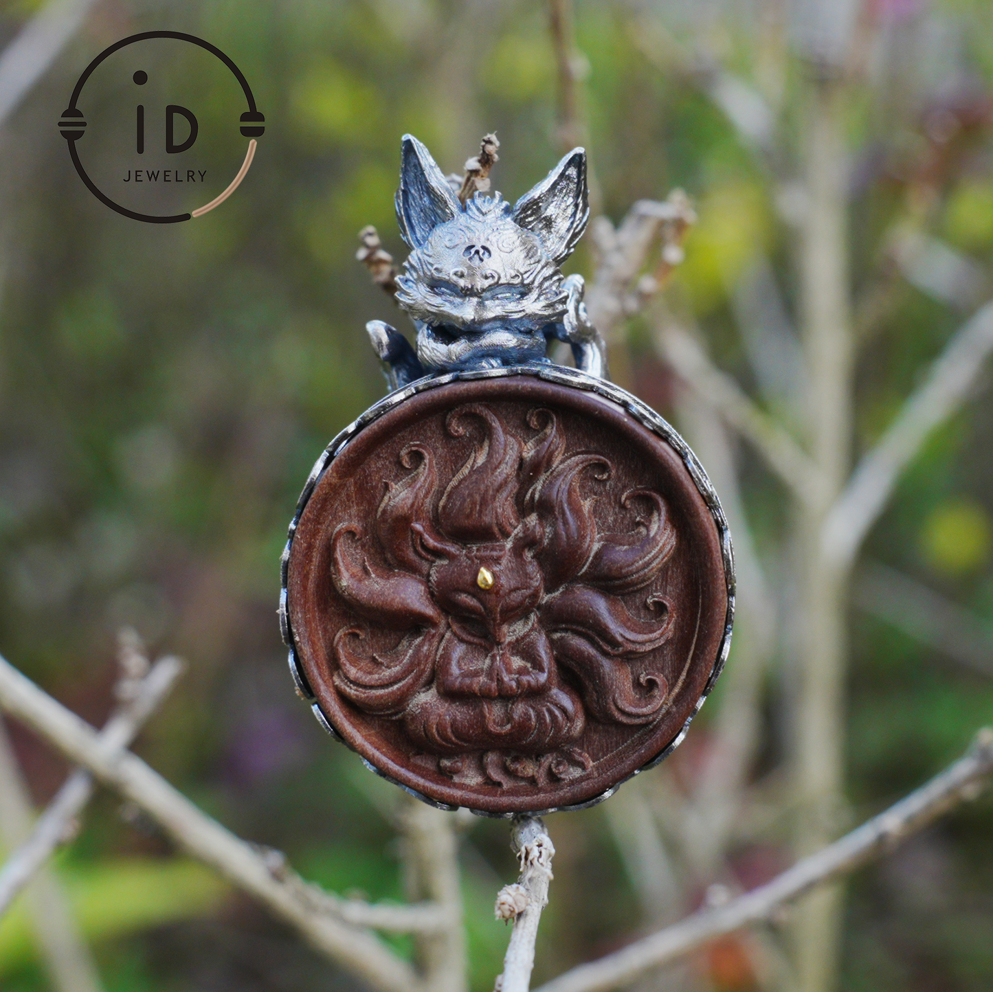 Fox Pendant in Sterling Silver and Carved Agarwood in Totem Witchcore Style – Spiritual Necklace, Birthday Gift for Her, Handmade Amulet
