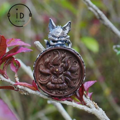Fox Pendant in Sterling Silver and Carved Agarwood in Totem Witchcore Style – Spiritual Necklace, Birthday Gift for Her, Handmade Amulet
