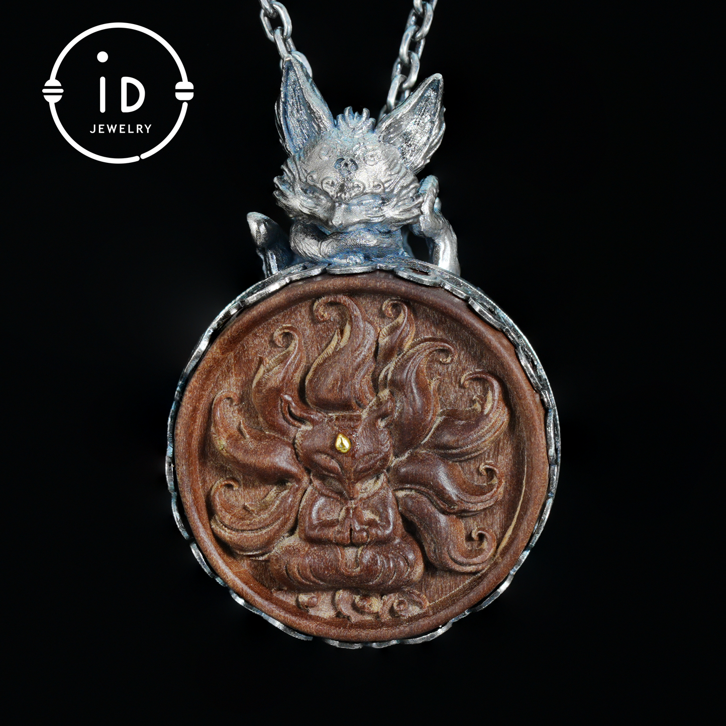 Fox Pendant in Sterling Silver and Carved Agarwood in Totem Witchcore Style – Spiritual Necklace, Birthday Gift for Her, Handmade Amulet