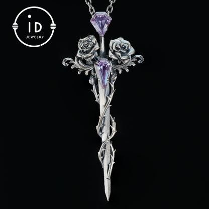 Handcrafted alexandrite pendant with rose and dagger details in oxidized silver – a symbolic talisman in gothic and witchcore style