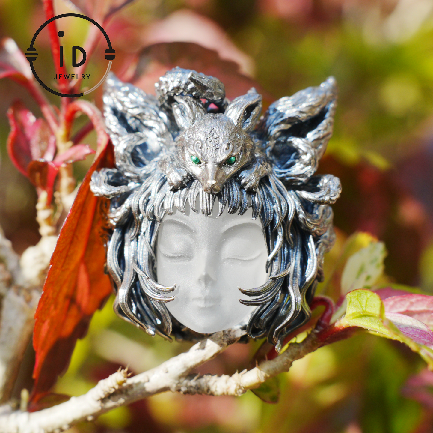 Handcrafted 925 Sterling Silver Fox Spirit Pendant with White Crystal – Mystical Fantasy Amulet Necklace for Witchy or Gothic Gift