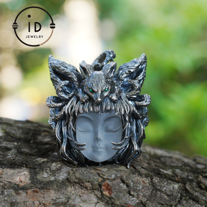 Handcrafted 925 Sterling Silver Fox Spirit Pendant with White Crystal – Mystical Fantasy Amulet Necklace for Witchy or Gothic Gift