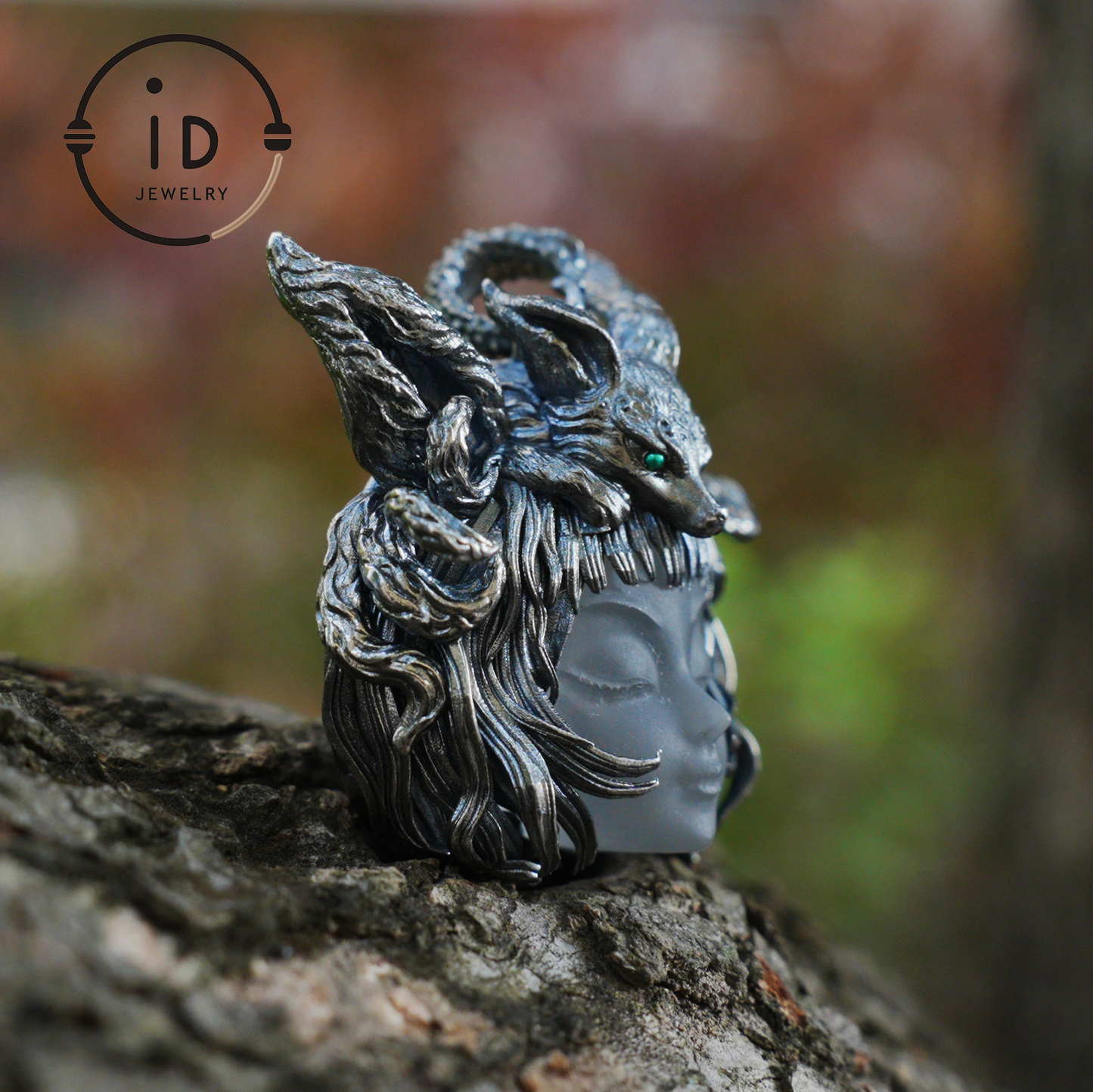 Handcrafted 925 Sterling Silver Fox Spirit Pendant with White Crystal – Mystical Fantasy Amulet Necklace for Witchy or Gothic Gift