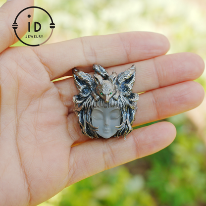 Handcrafted 925 Sterling Silver Fox Spirit Pendant with White Crystal – Mystical Fantasy Amulet Necklace for Witchy or Gothic Gift