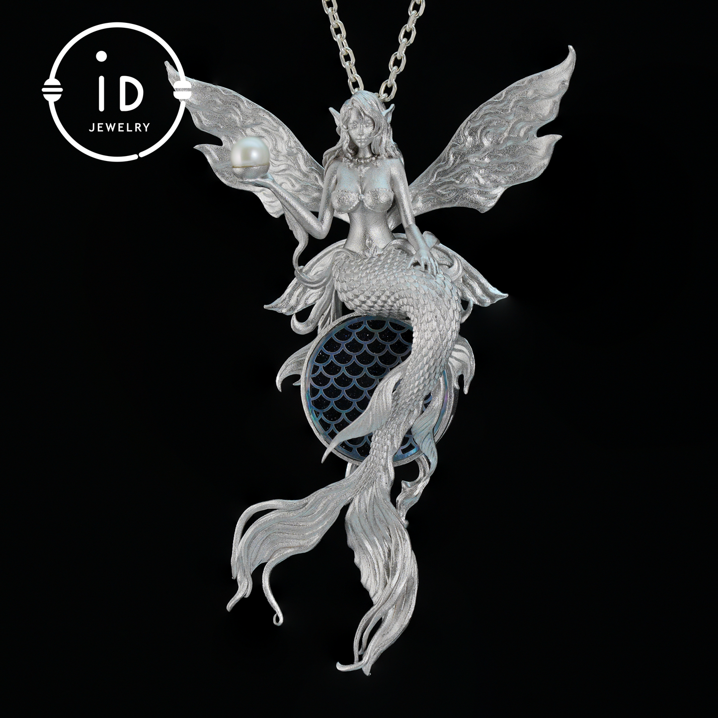 Silver Mermaid Pendant with Wings in 925 Sterling Silver with Pearl and Blue Goldstone, Gothic Vintage Style, Gift for Women