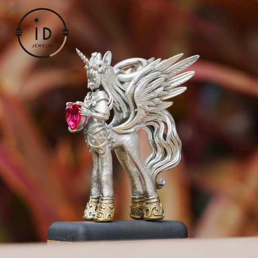 925 Silver Pendant with Unicorn, with Red Synthetic Ruby, Gothic Fantasy Jewelry, Oxidized Silver, Talisman Pendant for Self-Reflection