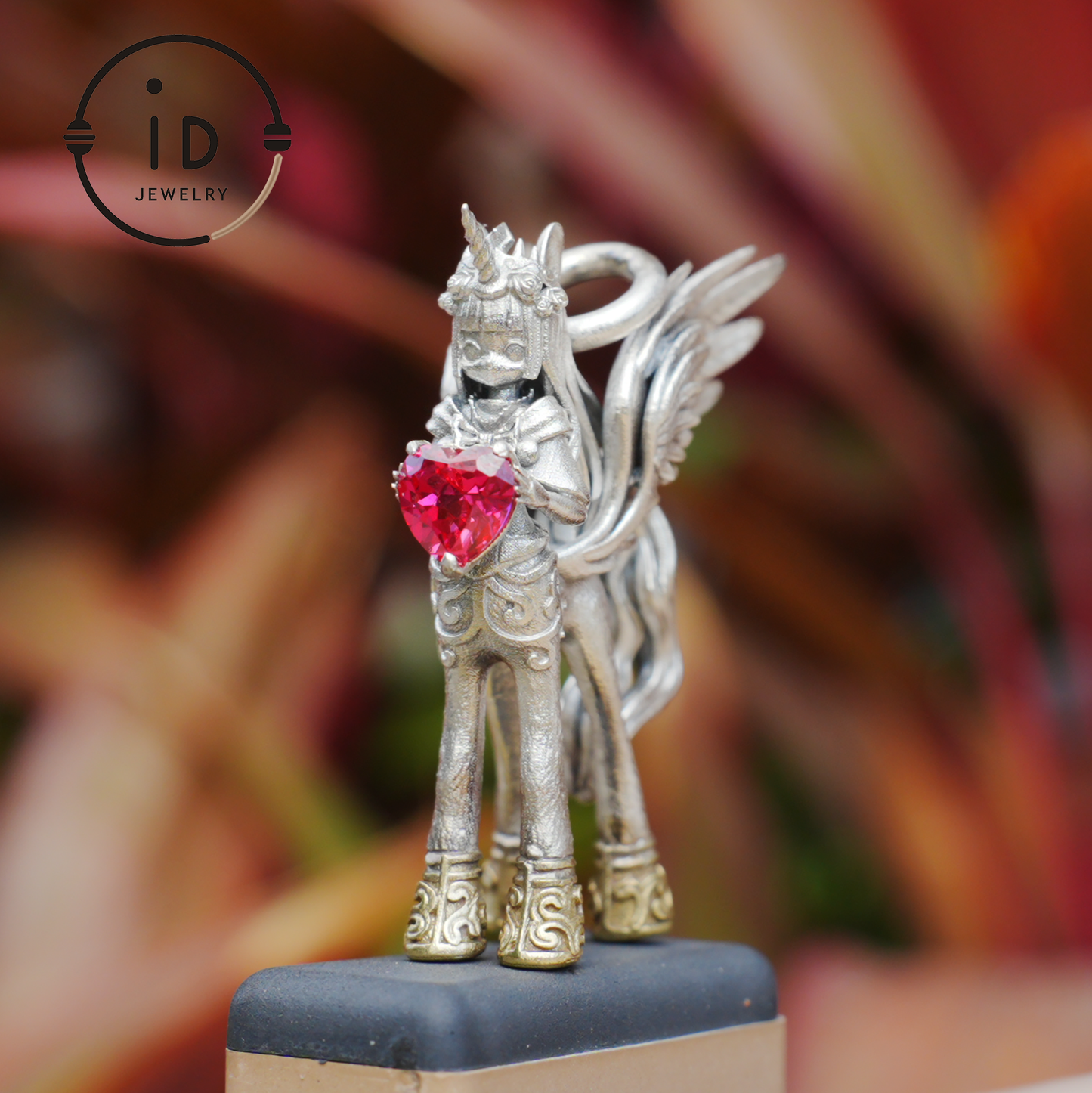 925 Silver Pendant with Unicorn, with Red Synthetic Ruby, Gothic Fantasy Jewelry, Oxidized Silver, Talisman Pendant for Self-Reflection