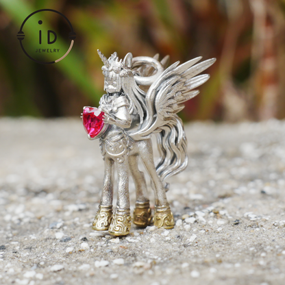 925 Silver Pendant with Unicorn, with Red Synthetic Ruby, Gothic Fantasy Jewelry, Oxidized Silver, Talisman Pendant for Self-Reflection