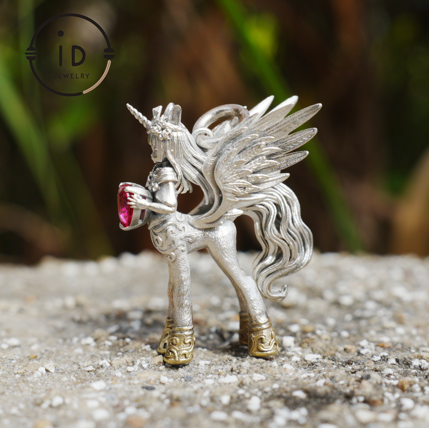 925 Silver Pendant with Unicorn, with Red Synthetic Ruby, Gothic Fantasy Jewelry, Oxidized Silver, Talisman Pendant for Self-Reflection