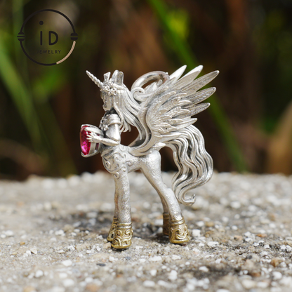 925 Silver Pendant with Unicorn, with Red Synthetic Ruby, Gothic Fantasy Jewelry, Oxidized Silver, Talisman Pendant for Self-Reflection