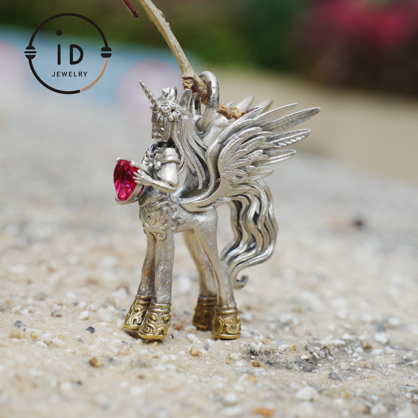 925 Silver Pendant with Unicorn, with Red Synthetic Ruby, Gothic Fantasy Jewelry, Oxidized Silver, Talisman Pendant for Self-Reflection