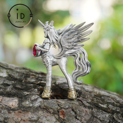 925 Silver Pendant with Unicorn, with Red Synthetic Ruby, Gothic Fantasy Jewelry, Oxidized Silver, Talisman Pendant for Self-Reflection
