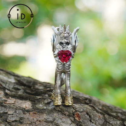 925 Silver Pendant with Unicorn, with Red Synthetic Ruby, Gothic Fantasy Jewelry, Oxidized Silver, Talisman Pendant for Self-Reflection