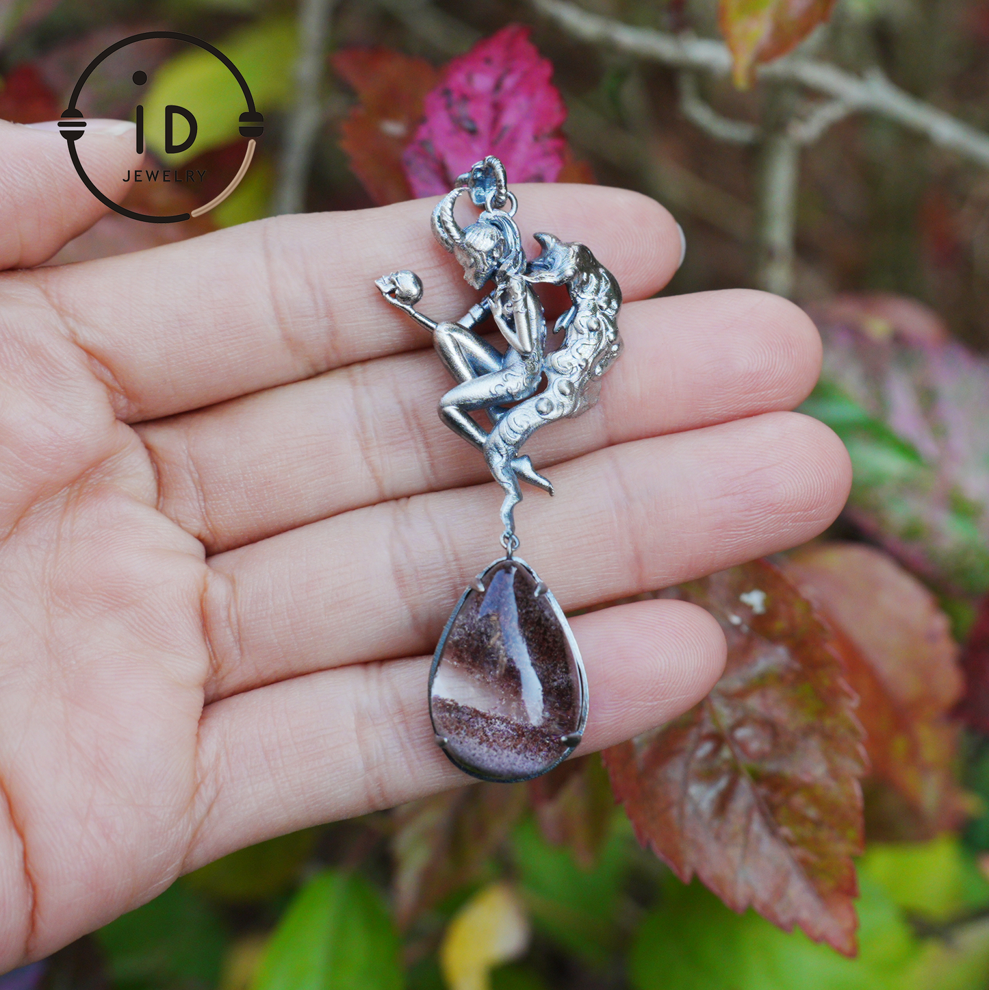 925 Silver Pendant with Lodolith Crystal Drop, Gothic Fantasy Jewelry, Oxidized Silver, Talisman Pendant for Self-Reflection, Gift for Her