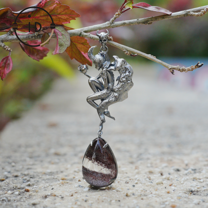 925 Silver Pendant with Lodolith Crystal Drop, Gothic Fantasy Jewelry, Oxidized Silver, Talisman Pendant for Self-Reflection, Gift for Her