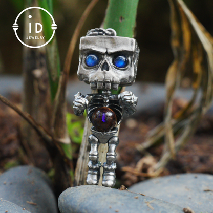 Memento Mori Skull Pendant | 925 Silver with Labradorite & Iron Opal | Gothic Talisman for Spiritual Awakening