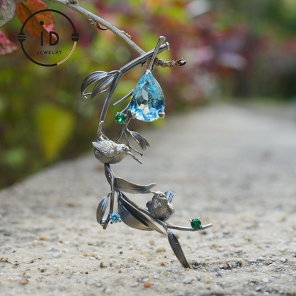 Handmade Brooch & Pendant with Blue Topaz, Green Gemstone, Oxidized 925 Silver, Nature-Inspired Fairy Jewelry, Gift for Her