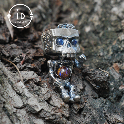 Memento Mori Skull Pendant | 925 Silver with Labradorite & Iron Opal | Gothic Talisman for Spiritual Awakening