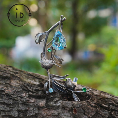 Handmade Brooch & Pendant with Blue Topaz, Green Gemstone, Oxidized 925 Silver, Nature-Inspired Fairy Jewelry, Gift for Her