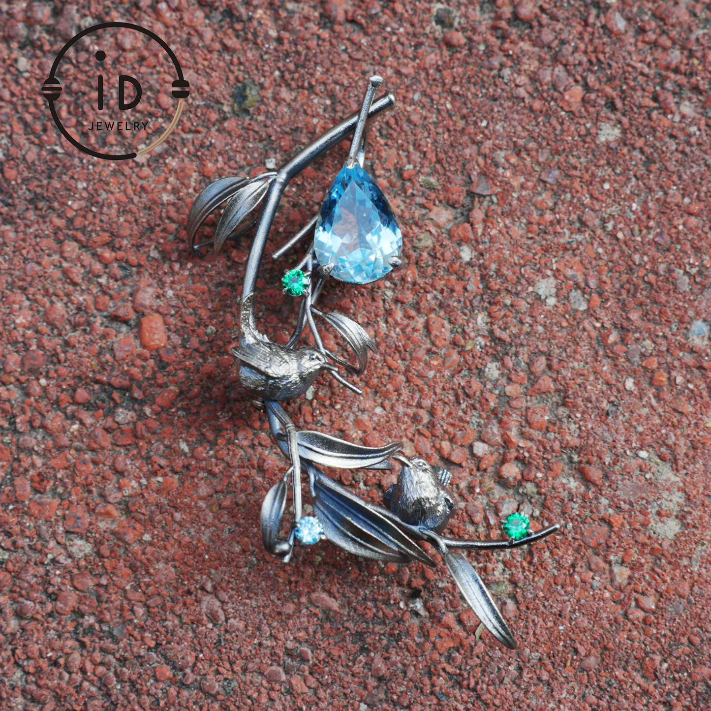 Handmade Brooch & Pendant with Blue Topaz, Green Gemstone, Oxidized 925 Silver, Nature-Inspired Fairy Jewelry, Gift for Her