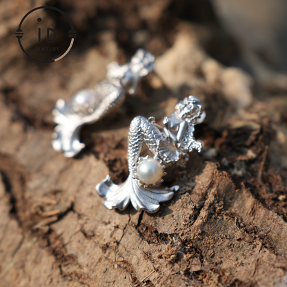 925 Silver Mermaid Pearl Earrings Handmade Ocean Fantasy Jewelry Birthday and Christmas Gift for Her