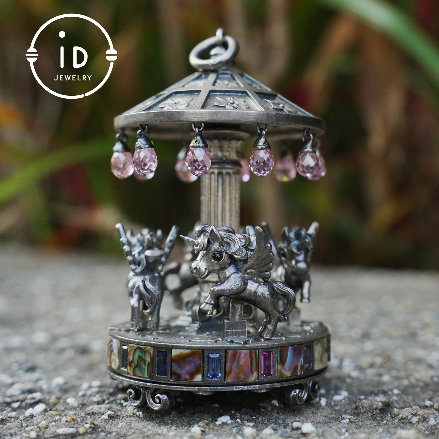Unique Carousel Figurine in 925 Silver, with Abalone & Pink Crystal, Oxidized, Fairytale Decor, Handmade, Collectible Gift Idea